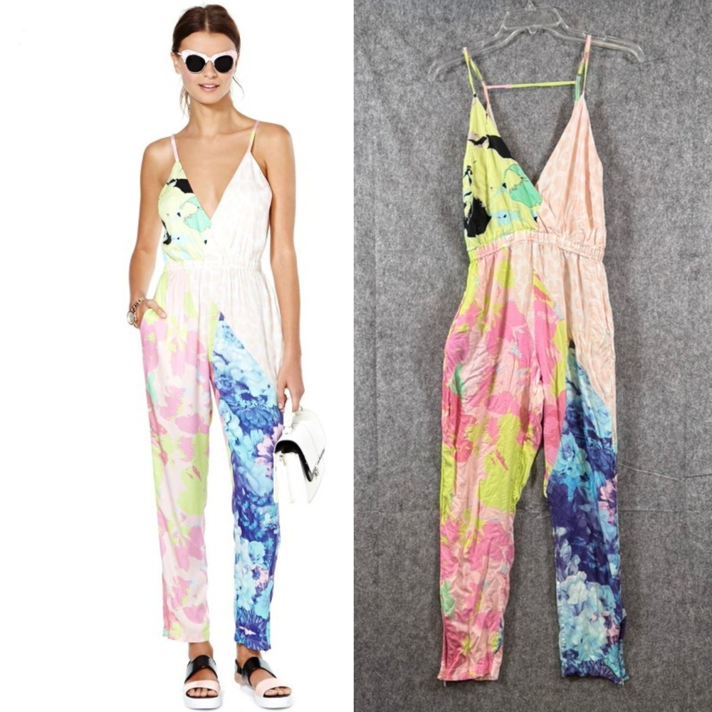 Nasty Gal x Shakuhachi Jumpsuit Womens XS Spastic Floral Abstract TieDye Boho - Picture 1 of 12